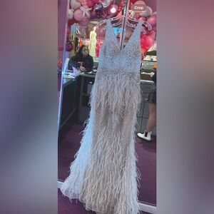 Jovani 03023 Sheer Embellished Bodice Feather Prom Dress